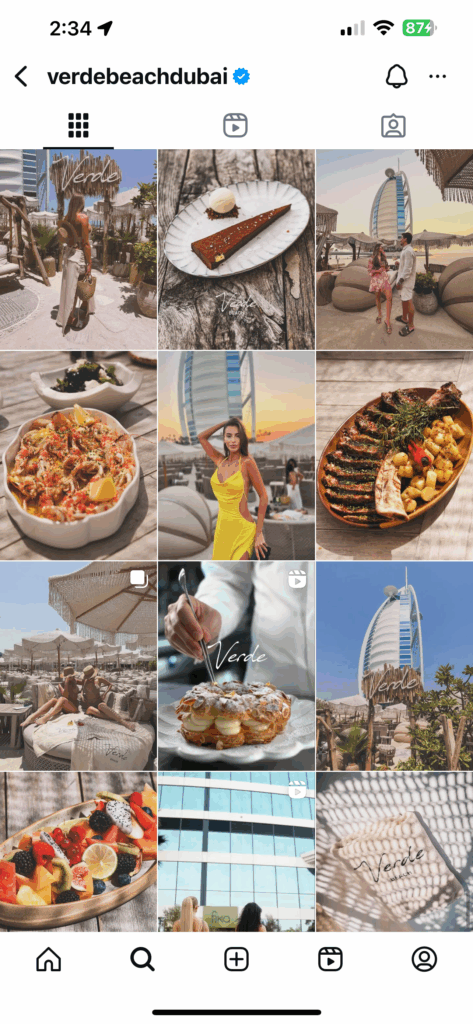 Verde Beach Dubai Instagram feed showcasing a visually stunning and consistent grid, an example of effective hospitality marketing strategies with influencer-style photos, reels, and behind-the-scenes chef videos.