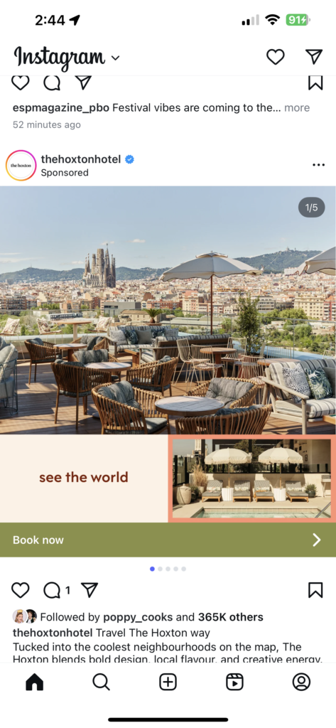 The Hoxton Hotel Instagram carousel ad showcasing multiple rooms and amenities, illustrating effective hospitality marketing strategies to attract bookings through engaging paid social media campaigns.