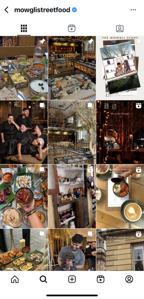 Screenshot of Mowgli Street Food’s Instagram grid, showing how a social media strategy for restaurants uses an aesthetic feed with photos, carousels, and Reels.