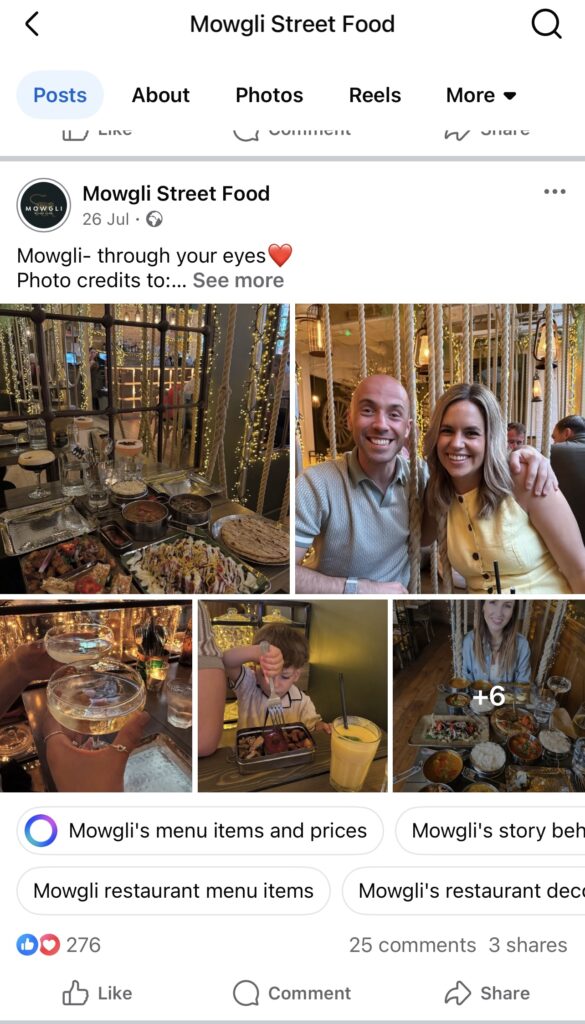 Screenshot of Mowgli Street Food’s Facebook page, highlighting community-driven posts like ‘Mowgli through your eyes’ that showcase a social media strategy for restaurants.