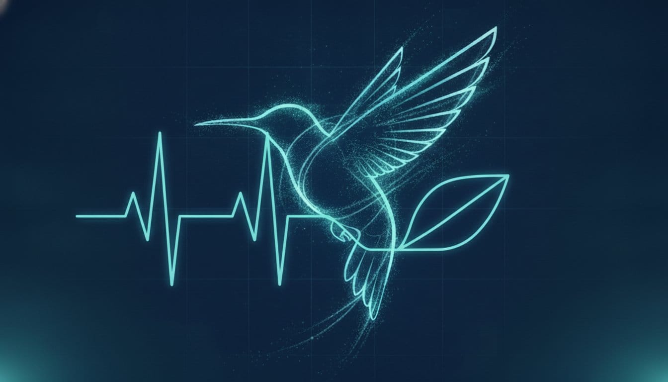 A glowing teal hummingbird silhouette woven through a heartbeat pulse line and leaf, in Hummingbird Agency navy and teal branding